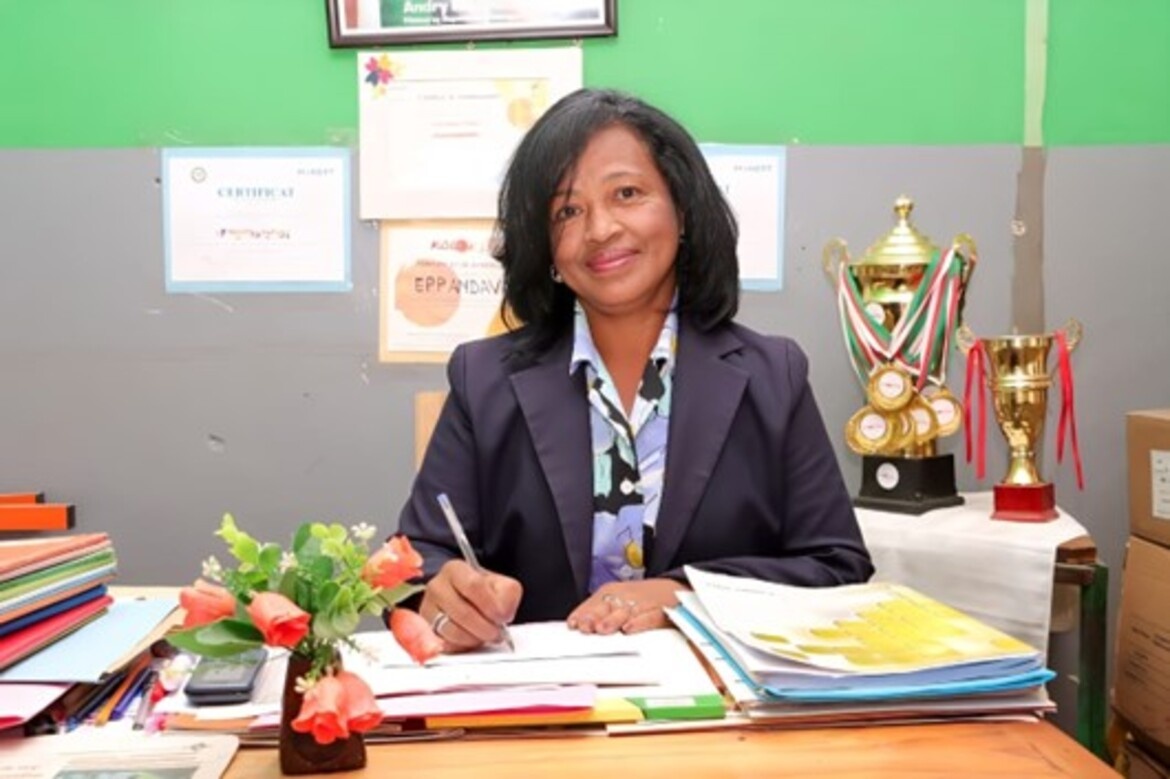 A public primary school principal sitting at her desk in Antananarivo, Madagascar. Credit: Ministry of National Education of Madagascar